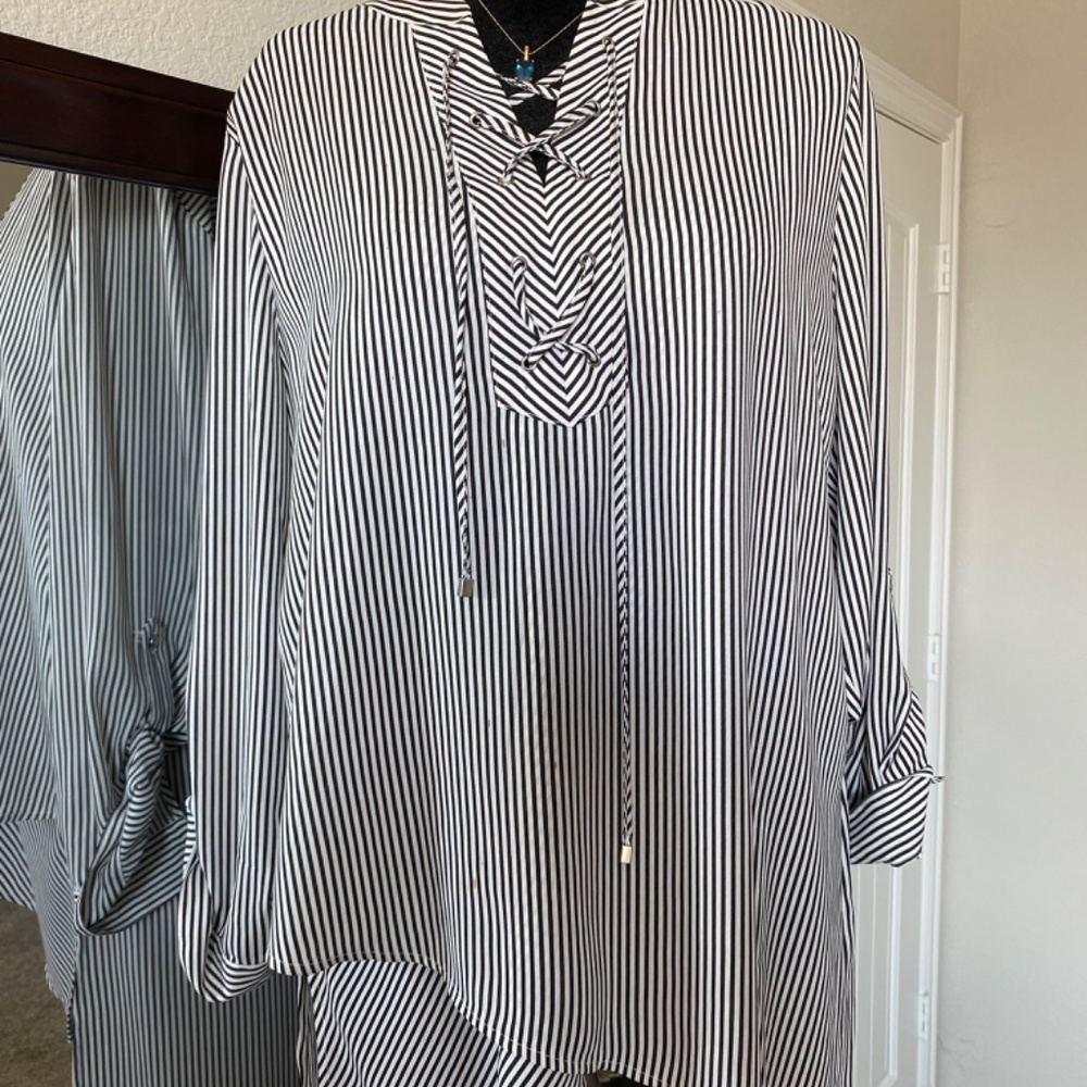 Chico's Black and White Striped Lace-Up Shirt Dress - Effortlessly Chic!
